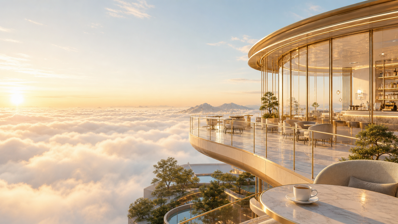 朝焼けの雲海を望むゴールドトーンの天空ラウンジ