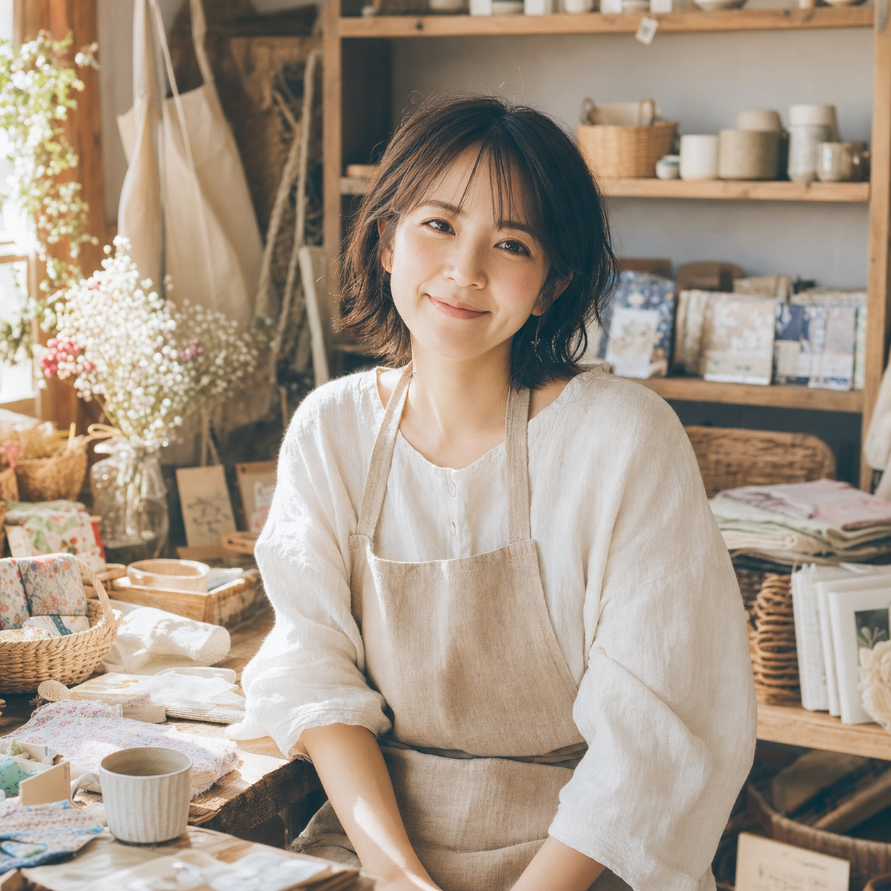 アトリエでほほえむ女性作家の篠原まどか