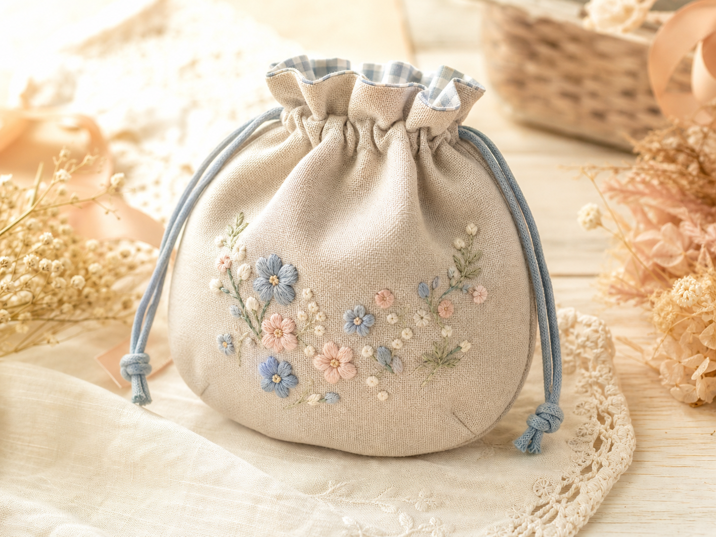小花の刺しゅうが入った手作り巾着ポーチ
